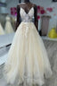 Open Back Appliques A Line V Neck Champagne Prom Dress