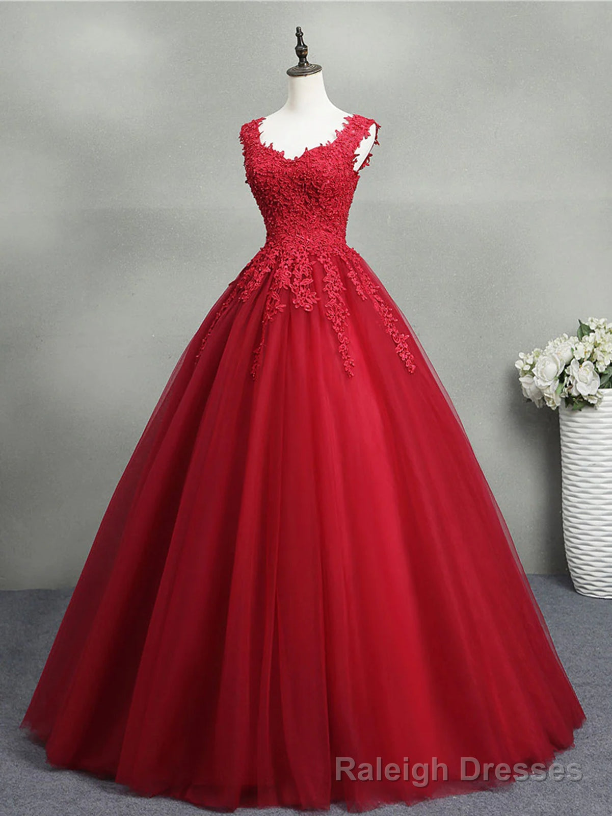Open Back Burgundy Lace Tulle Long Prom Dresses, Burgundy Lace Formal Evening Dresses Main image