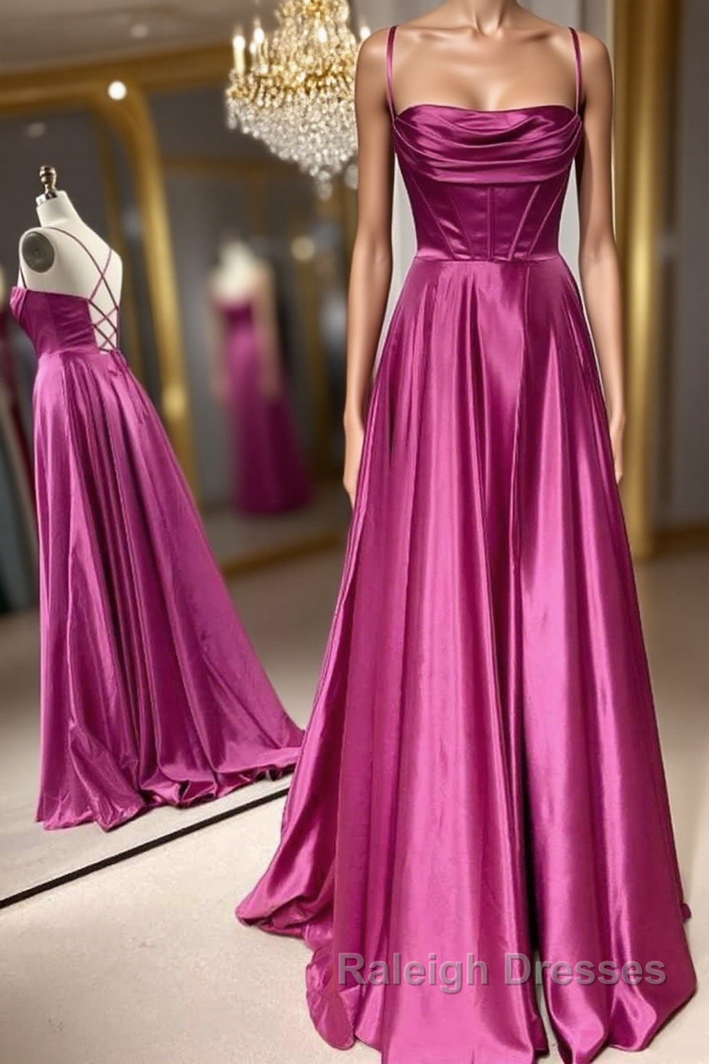 Open Back Fuchsia Satin Ruched Long Prom Dress, Long Fuchsia Formal Graduation Evening Dress Main image