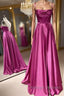 Open Back Fuchsia Satin Ruched Long Prom Dress, Long Fuchsia Formal Graduation Evening Dress