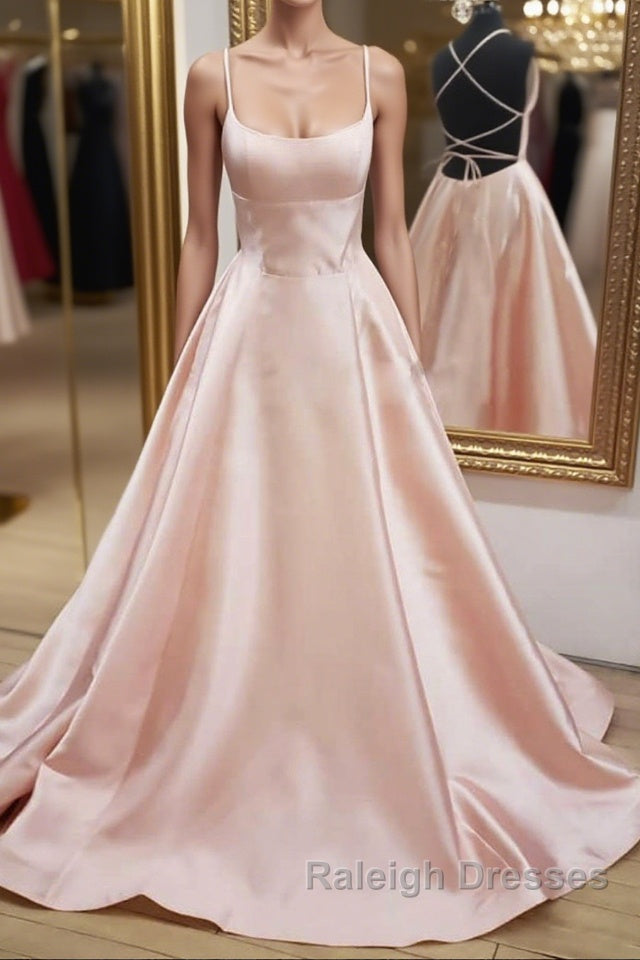 Open Back Pink Satin Long Prom Dresses, Backless Pink Satin Long Formal Evening Dresses Main image