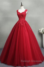 Open Back Red Lace Long Prom Dress, Red Lace Formal Evening Dress, Red Ball Gown