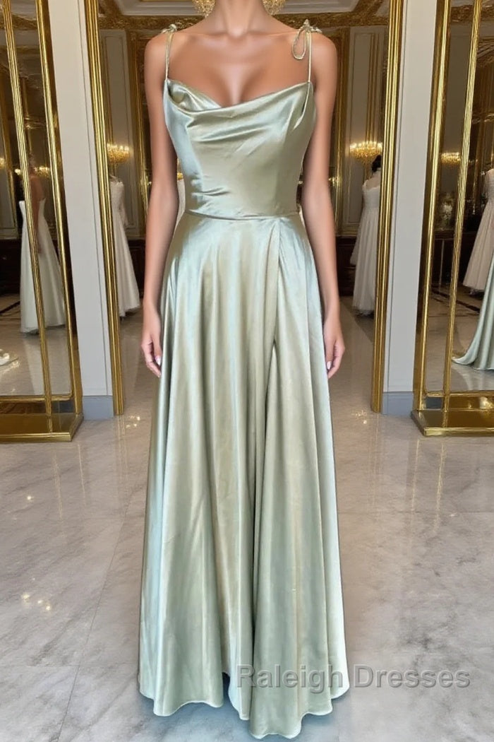 Open Back Sage Satin Long Prom Dress with High Slit, Long Sage Formal Graduation Evening Dress Main image