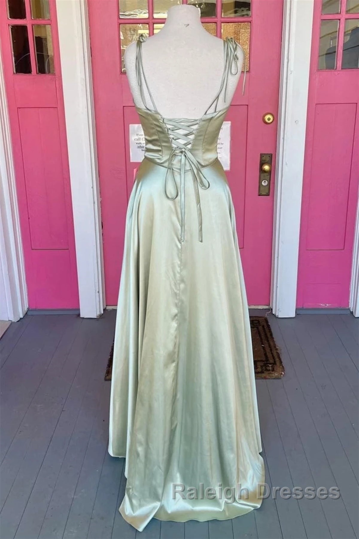 Open Back Sage Satin Long Prom Dress with High Slit, Long Sage Formal Graduation Evening Dress Secondary image