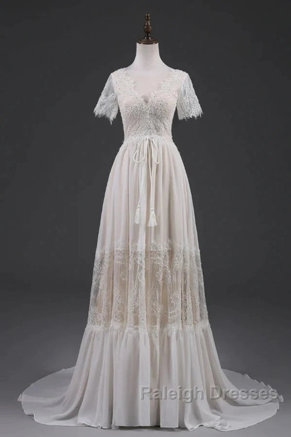 Open Back Short Sleeves V-Neck Lace Beach Wedding Dresses