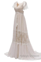 Open Back Short Sleeves V-Neck Lace Beach Wedding Dresses