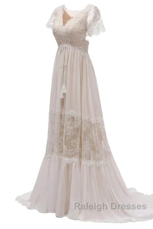 Open Back Short Sleeves V-Neck Lace Beach Wedding Dresses