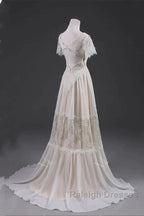 Open Back Short Sleeves V-Neck  Lace Beach Wedding Dress