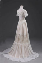 Open Back Short Sleeves V-Neck Lace Beach Wedding Dresses