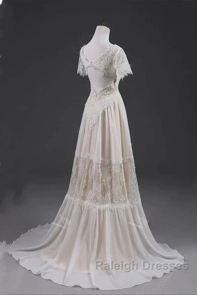 Open Back Short Sleeves V-Neck Lace Beach Wedding Dresses