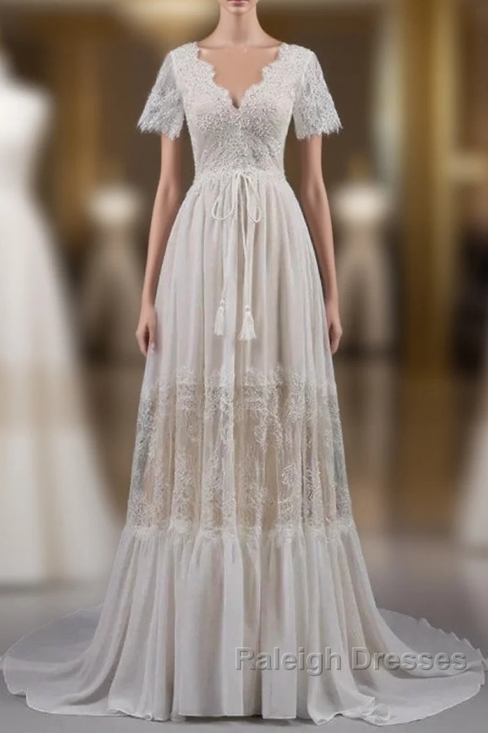 Open Back Short Sleeves V-Neck Lace Beach Wedding Dresses Main image