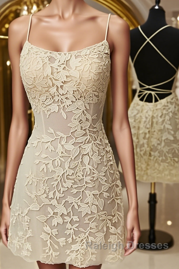 Open Back Short Yellow Lace Prom Dress Short Backless Yellow Lace Prom Homecoming Dress Main image