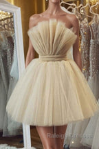Open Back Strapless Champagne Tulle Short Prom Homecoming Dress, Strapless Champagne Formal Graduation Evening Dress