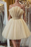 Open Back Strapless Champagne Tulle Short Prom Homecoming Dress, Strapless Champagne Formal Graduation Evening Dress