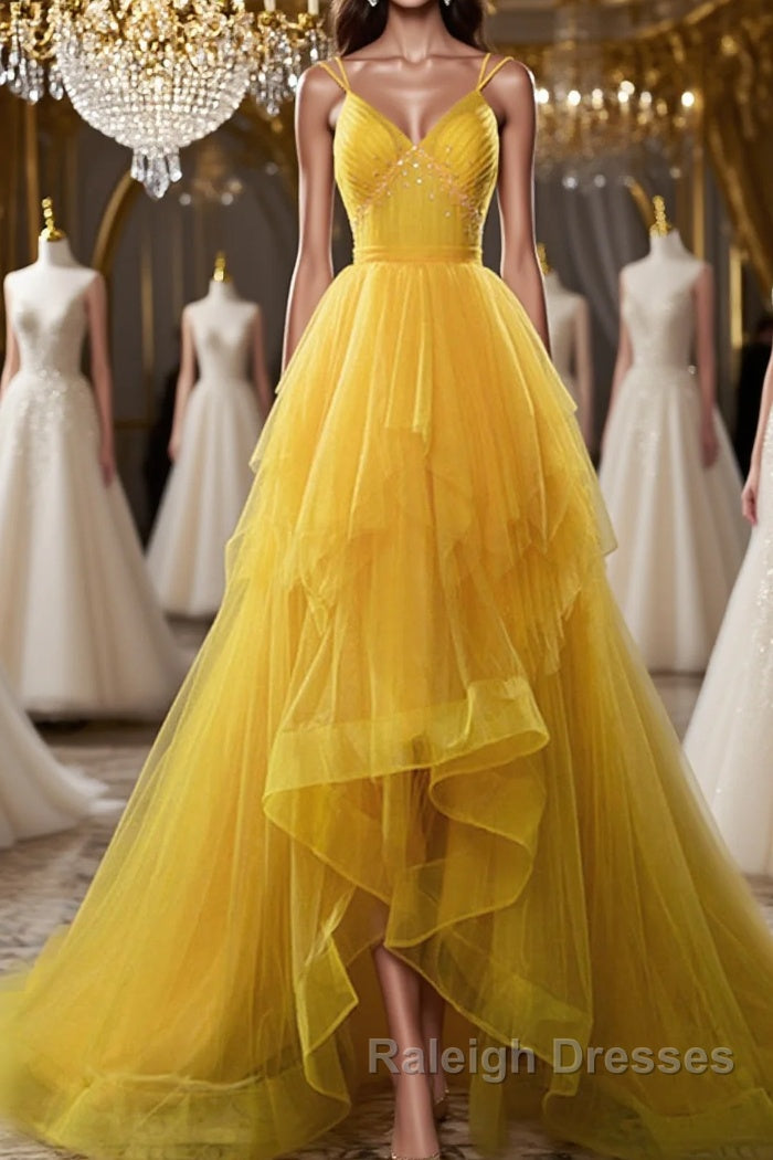 Open Back V Neck High Low Yellow Tulle Long Prom Dress, High Low Yellow Formal Evening Dress Main image