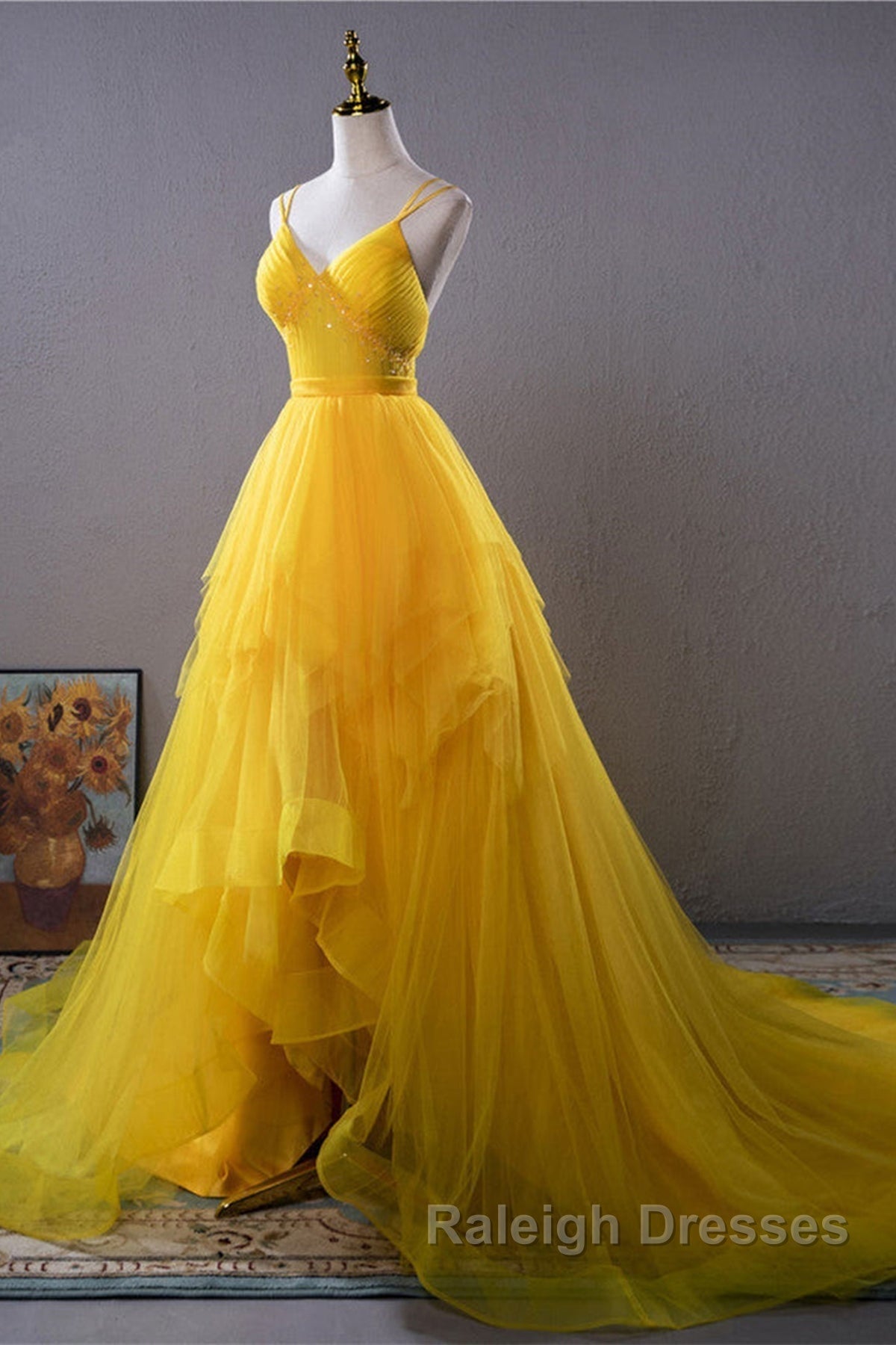 Open Back V Neck High Low Yellow Tulle Long Prom Dress, High Low Yellow Formal Evening Dress Secondary image