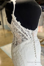 Open Back V Neck Mermaid White Lace Prom Dress Long With Train White Lace Wedding Dress White Prom Dress A2132