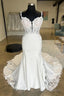 Open Back V Neck Mermaid White Lace Prom Dress Long With Train White Lace Wedding Dress White Prom Dress A2132