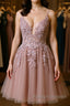 Open Back V Neck Pink Lace Appliques Prom Dress, Pink Lace Homecoming Dress, Short Pink Formal Graduation Evening Dress