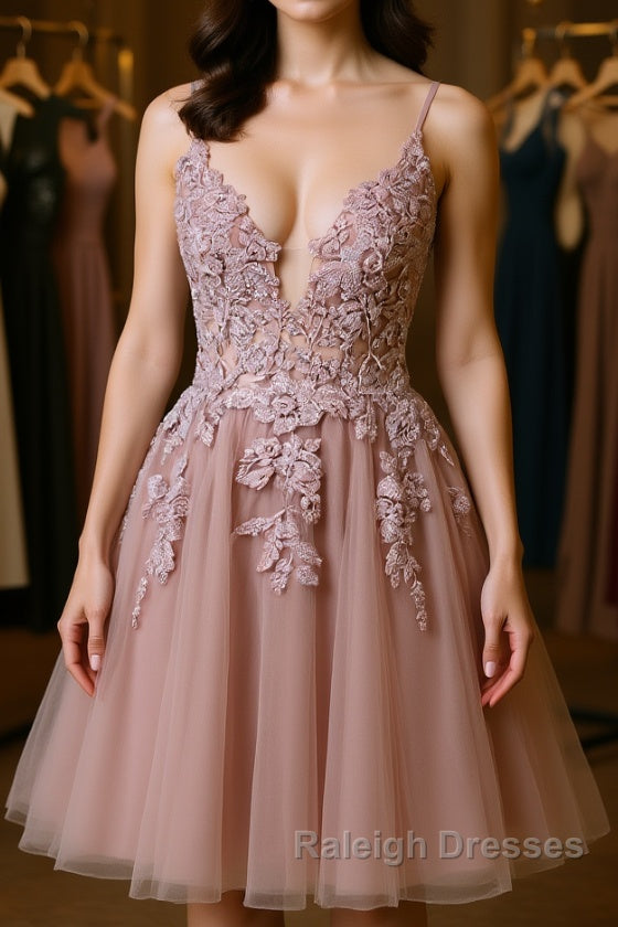 Open Back V Neck Pink Lace Appliques Prom Dresses Pink Lace Homecoming Dresses Short Pink Prom Graduation Prom Dresses Main image