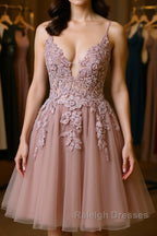 Open Back V Neck Pink Lace Appliques Prom Dresses Pink Lace Homecoming Dresses Short Pink Prom Graduation Prom Dresses