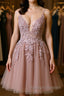 Open Back V Neck Pink Lace Appliques Prom Dresses Pink Lace Homecoming Dresses Short Pink Prom Graduation Prom Dresses