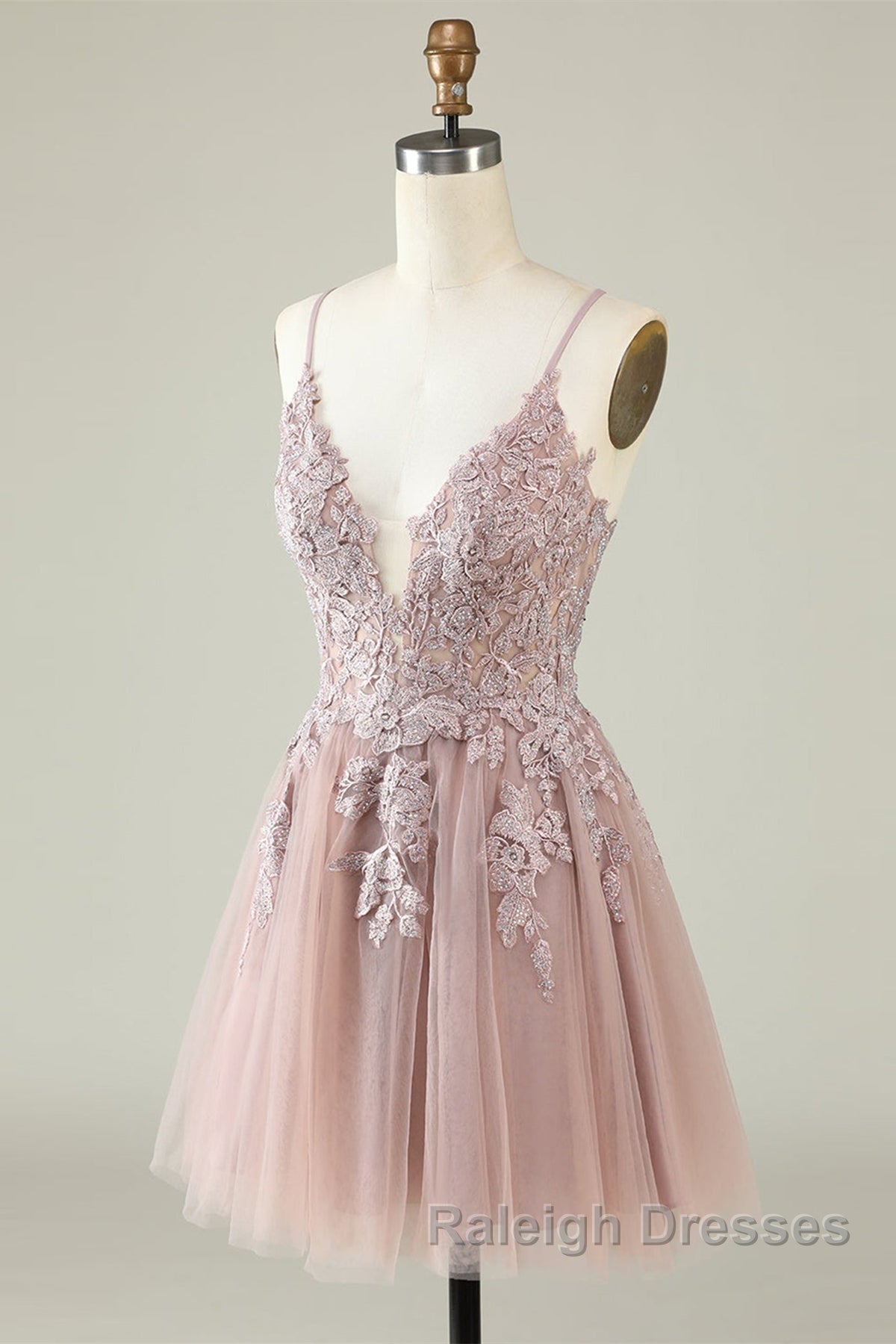 Open Back V Neck Pink Lace Appliques Prom Dresses Pink Lace Homecoming Dresses Short Pink Prom Graduation Prom Dresses Secondary image