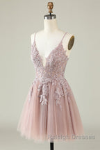 Open Back V Neck Pink Lace Appliques Prom Dresses Pink Lace Homecoming Dresses Short Pink Prom Graduation Prom Dresses