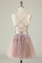 Open Back V Neck Pink Lace Appliques Prom Dresses Pink Lace Homecoming Dresses Short Pink Prom Graduation Prom Dresses