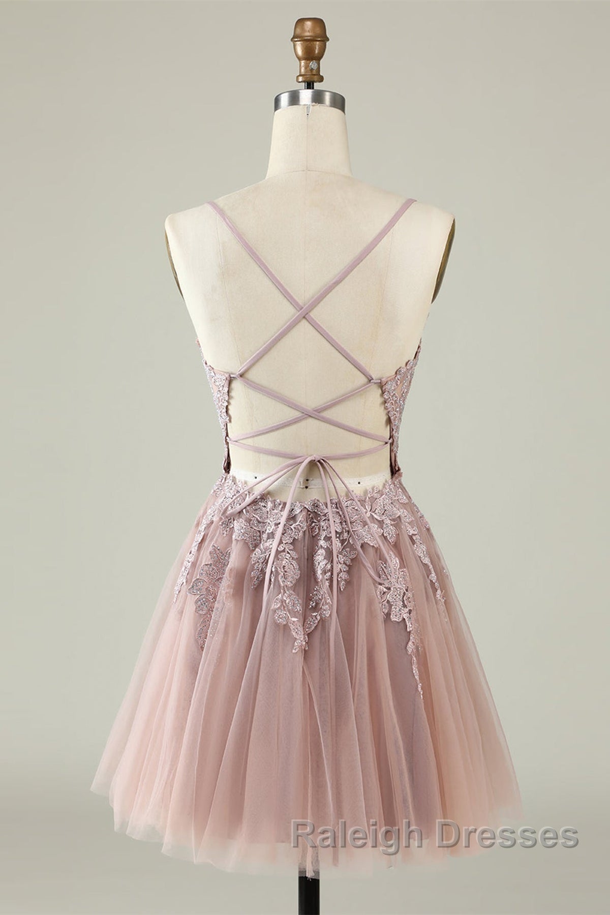 Open Back V Neck Pink Lace Appliques Prom Dresses Pink Lace Homecoming Dresses Short Pink Prom Graduation Prom Dresses
