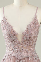 Open Back V Neck Pink Lace Appliques Prom Dresses Pink Lace Homecoming Dresses Short Pink Prom Graduation Prom Dresses