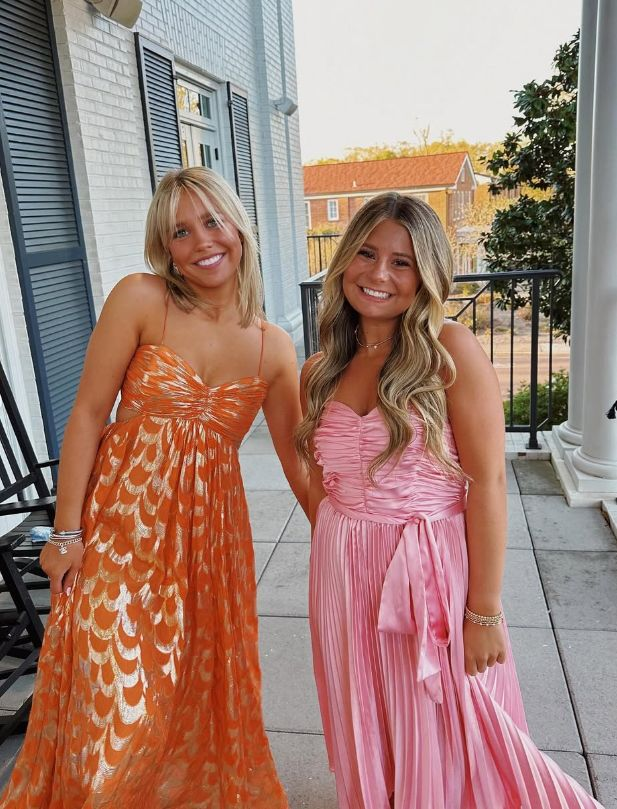 Orange A-Line Spaghetti Straps Chic Long Prom Dresses