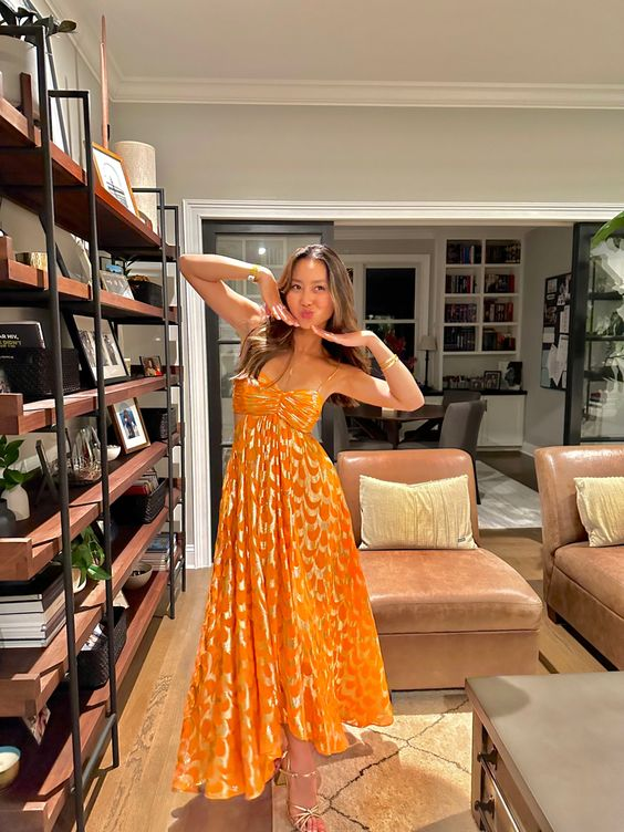 Orange A-Line Spaghetti Straps Chic Long Prom Dresses Secondary image