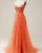 Orange A-Line Tulle Split Dress With Lace Appliques