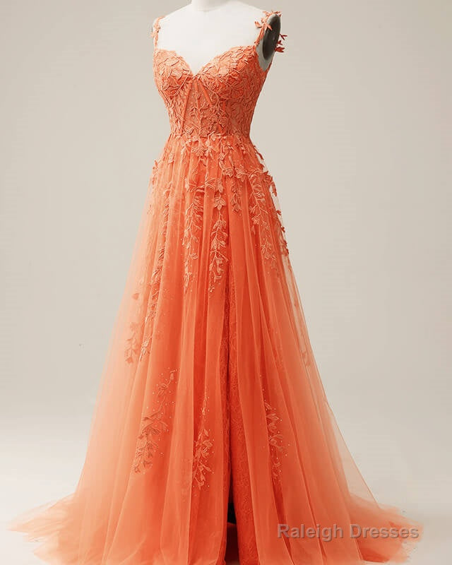 Orange A-Line Tulle Split Dresses With Lace Appliques Secondary image