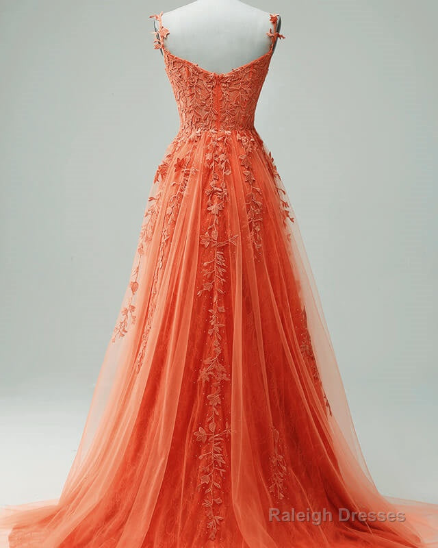 Orange A-Line Tulle Split Dress With Lace Appliques