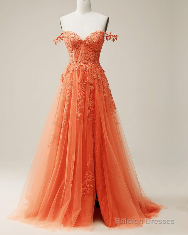 Orange A-Line Tulle Split Dresses With Lace Appliques Main image