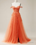 Orange A-Line Tulle Split Dresses With Lace Appliques