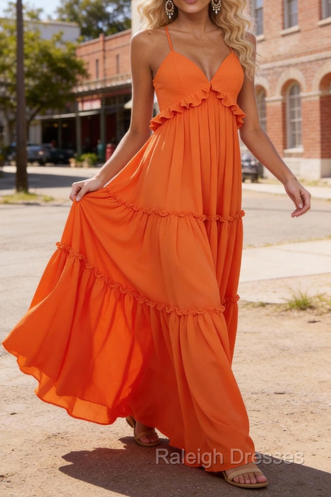 Orange A-line V Neck Sleeveless Floor-Length Chiffon Prom Dress Long Backless with Pleated Ruffles Secondary image
