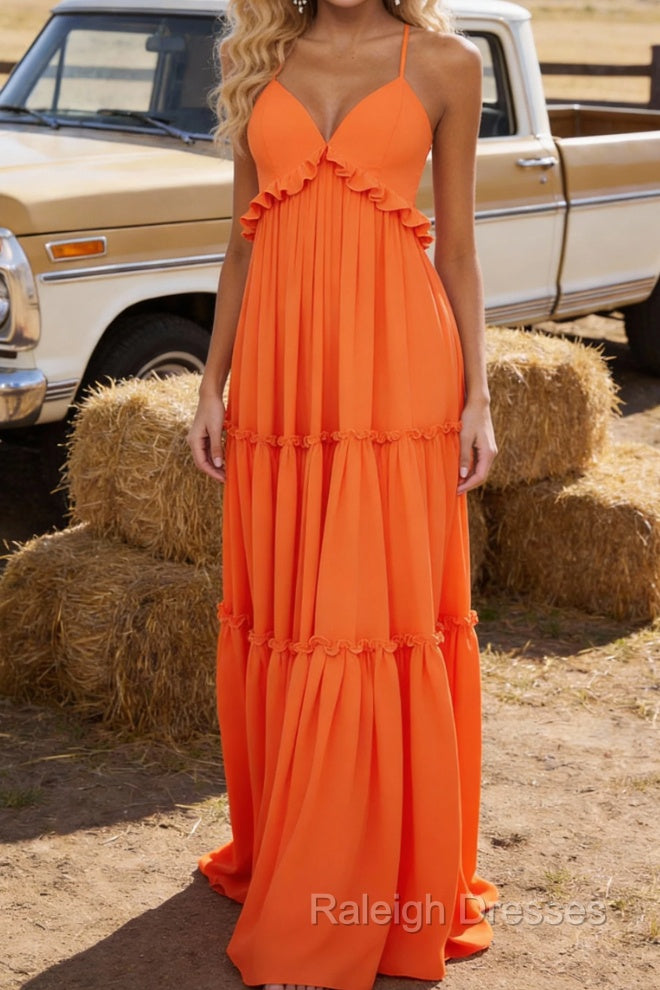Orange A-line V Neck Sleeveless Floor-Length Chiffon Prom Dress Long Backless with Pleated Ruffles
