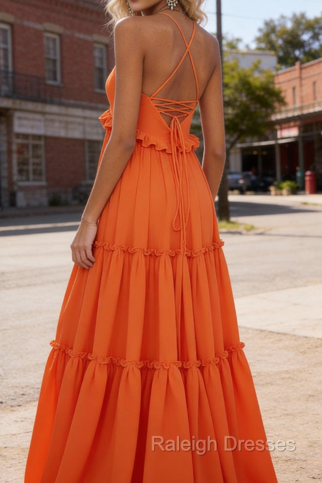 Orange A-line V Neck Sleeveless Floor-Length Chiffon Prom Dress Long Backless with Pleated Ruffles