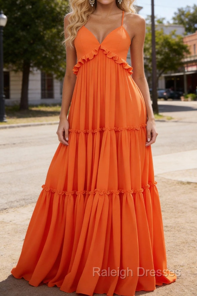 Orange A-line V Neck Sleeveless Floor-Length Chiffon Prom Dress Long Backless with Pleated Ruffles Main image