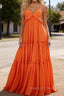 Orange A-line V Neck Sleeveless Floor-Length Chiffon Prom Dress Long Backless with Pleated Ruffles