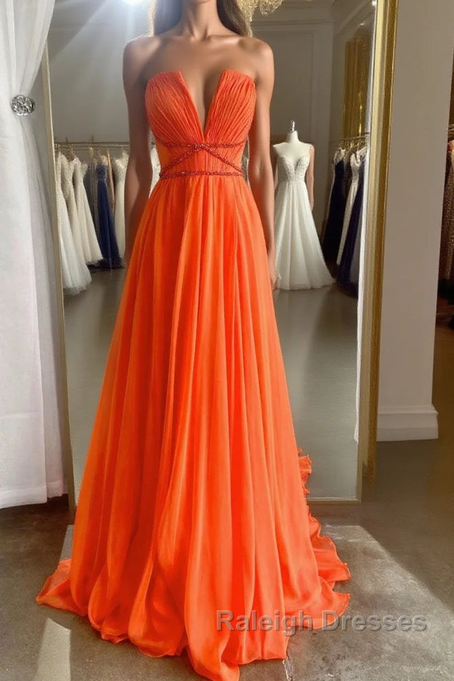 Orange Aline chiffon long prom dress, orange long evening dress