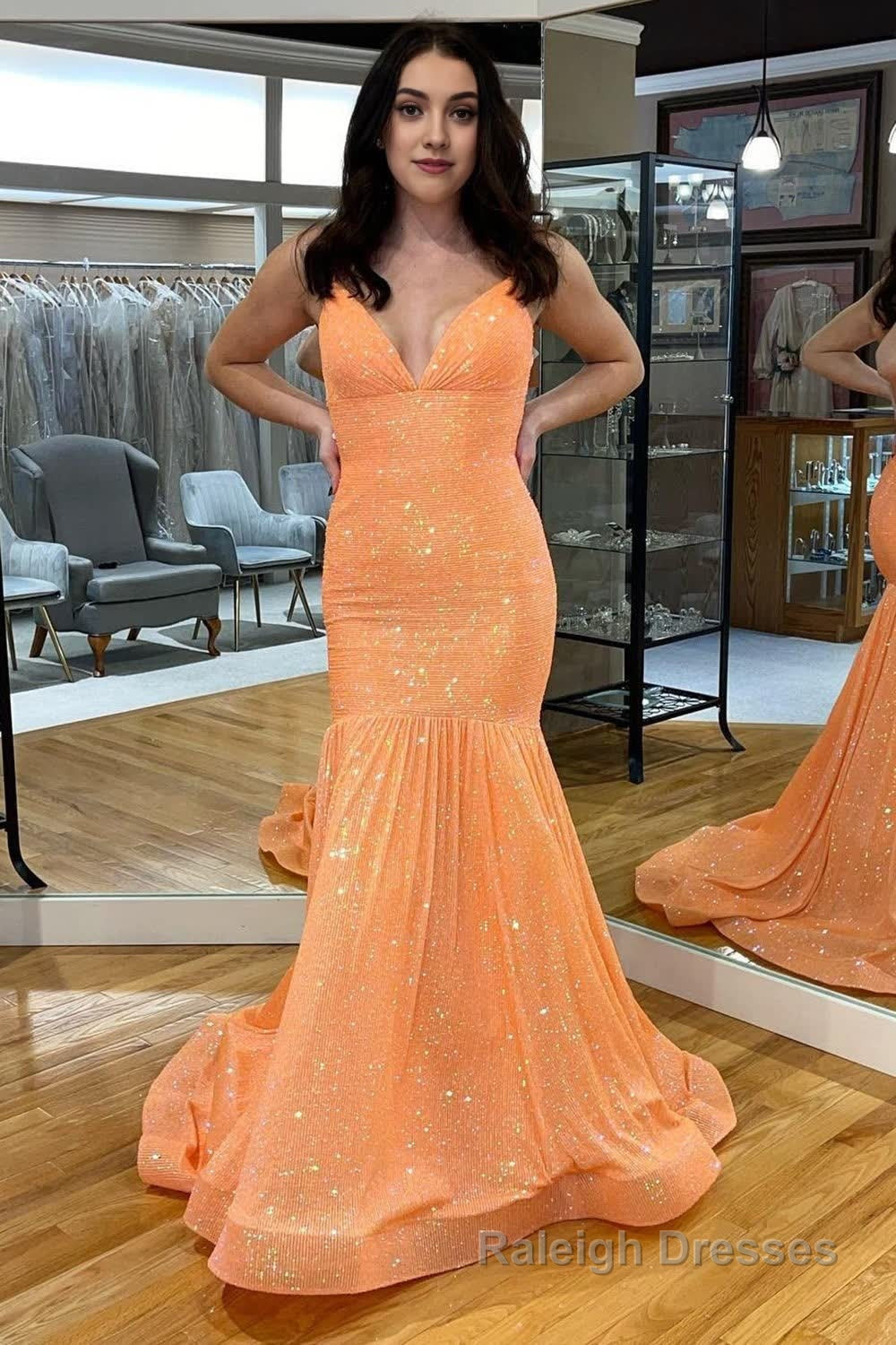 Orange Backless Sequins Mermaid Prom Dress Main image