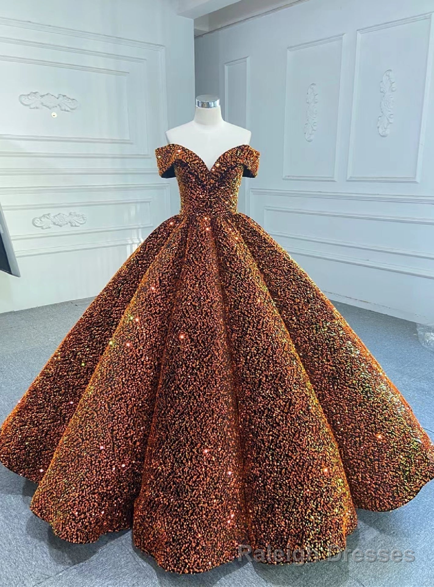 Orange Ball Gown Sequins Off the Shoulder Prom Dress Main image