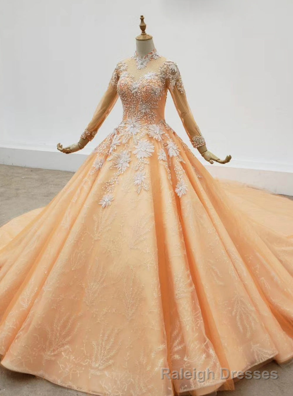 Orange Ball Gowns Tulle High Neck Long Sleeve Sequins Appliques Wedding Dress Main image