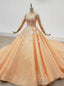 Orange Ball Gowns Tulle High Neck Long Sleeve Sequins Appliques Wedding Dress