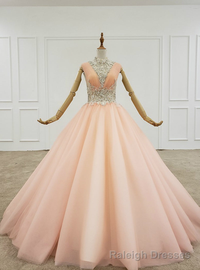 Orange Ball Gown Tulle Pleats Backless High Neck Beading Crystal Wedding Dress Main image