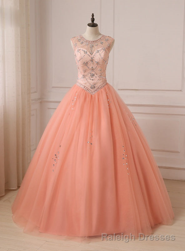 Orange Ball Gowns Tulle Scoop Neck Beading Crystal Quinceanera Dresses